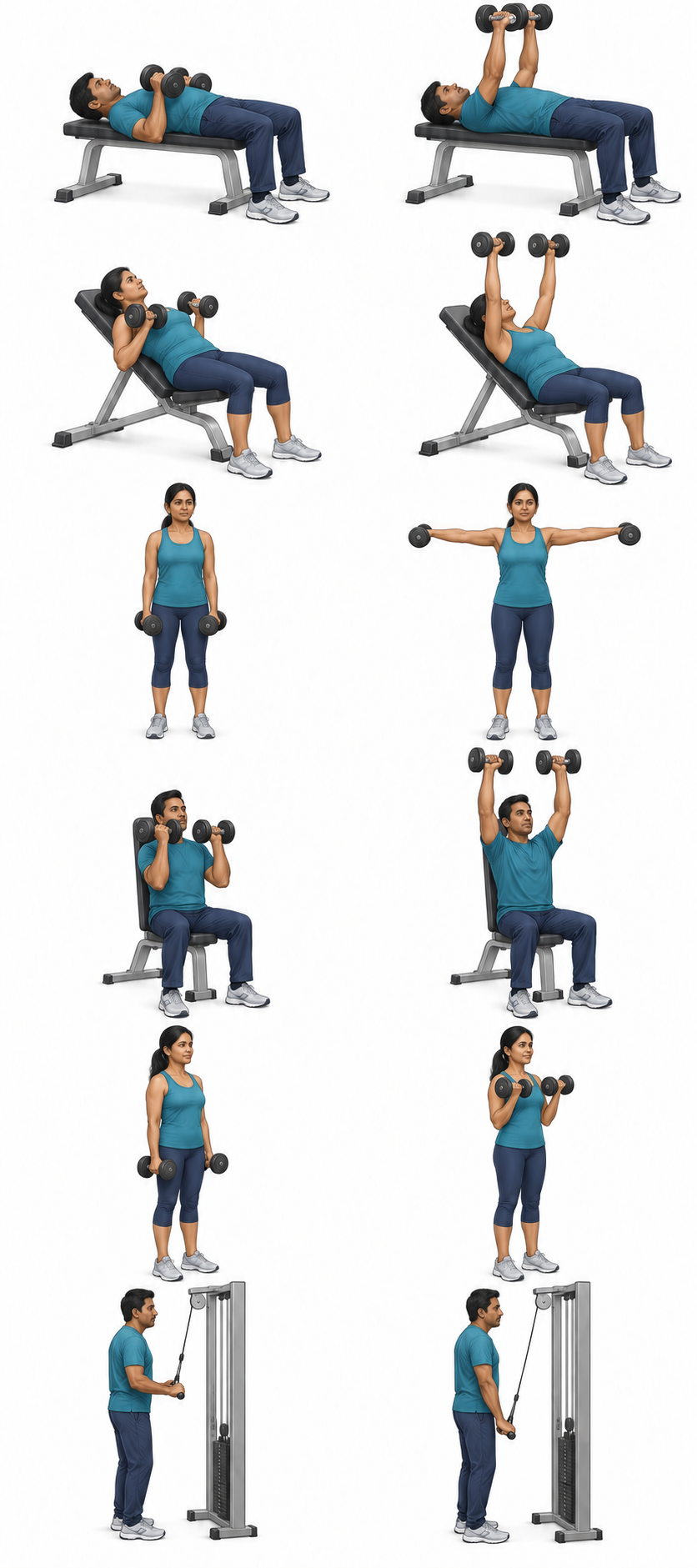 Start position on the left and finish position on the right for Dumbbell chest press
