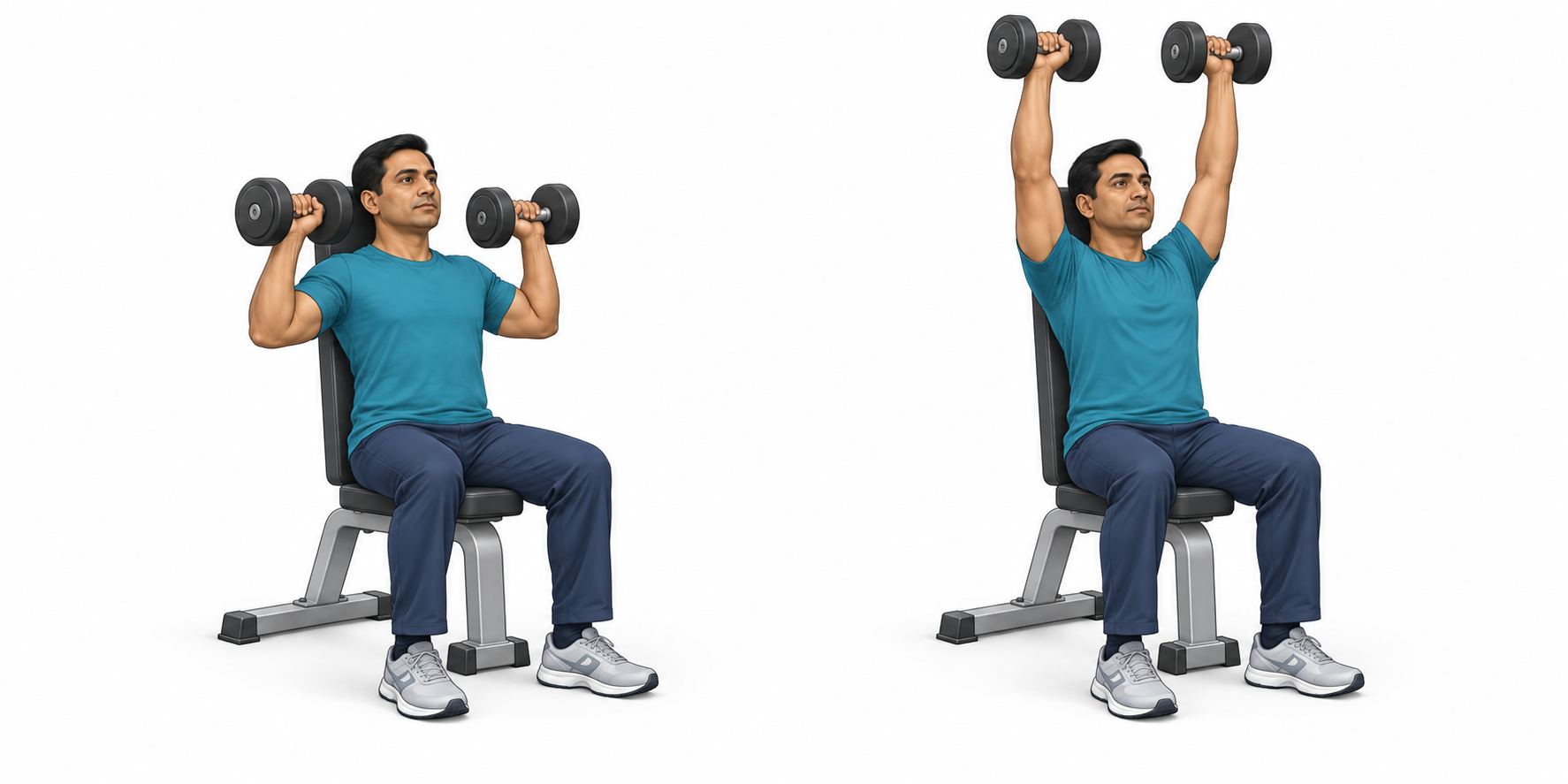 Start position on the left and finish position on the right for Seated dumbbell shoulder press